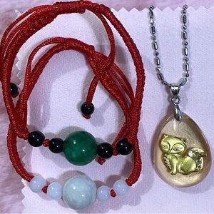 Red String Bracelets and Gold Fox Pendant Necklace